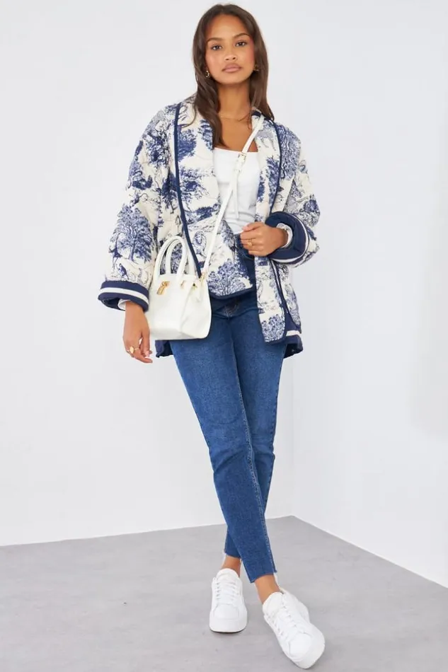 Women Veste Matelasse Bleu Motif Jungle Blue Brentiny Paris Jackets