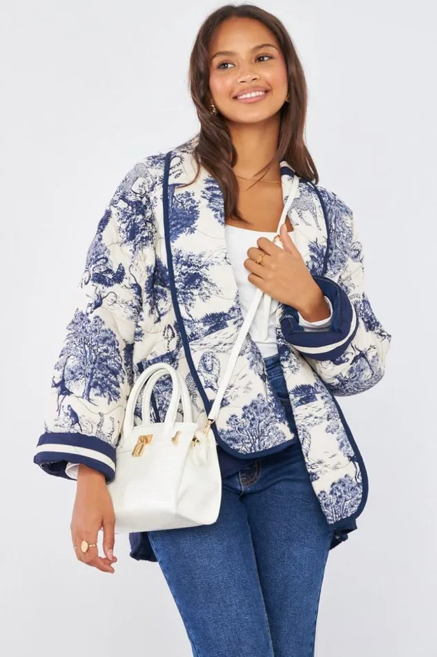 Women Veste Matelasse Bleu Motif Jungle Blue Brentiny Paris Jackets