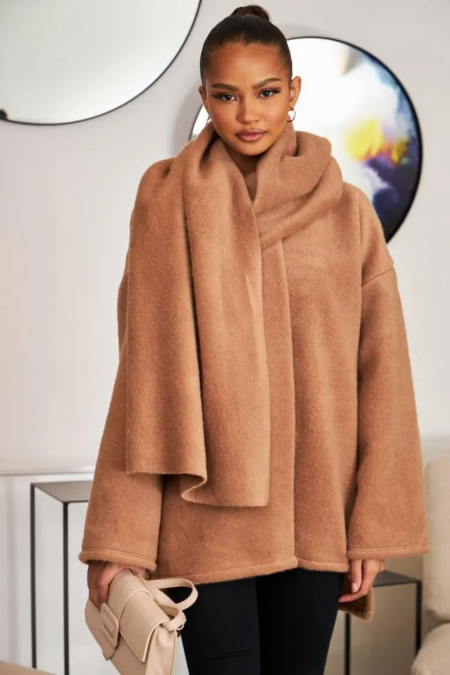 Women Veste Texture Camel Avec charpe Intgre Camel Brentiny Paris Jackets
