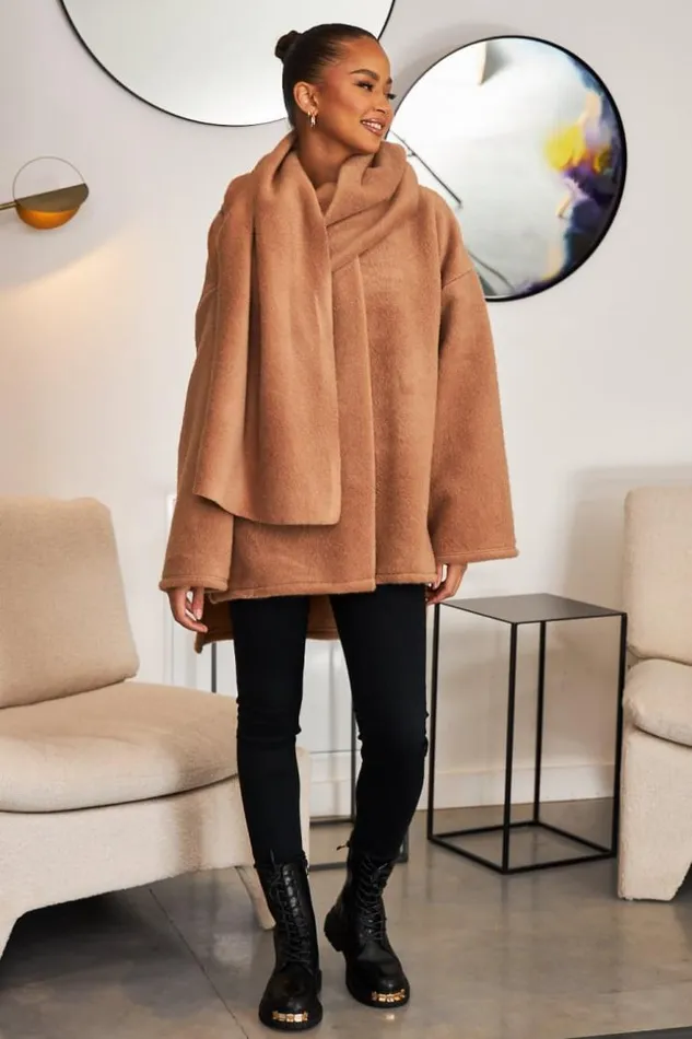 Women Veste Texture Camel Avec charpe Intgre Camel Brentiny Paris Jackets