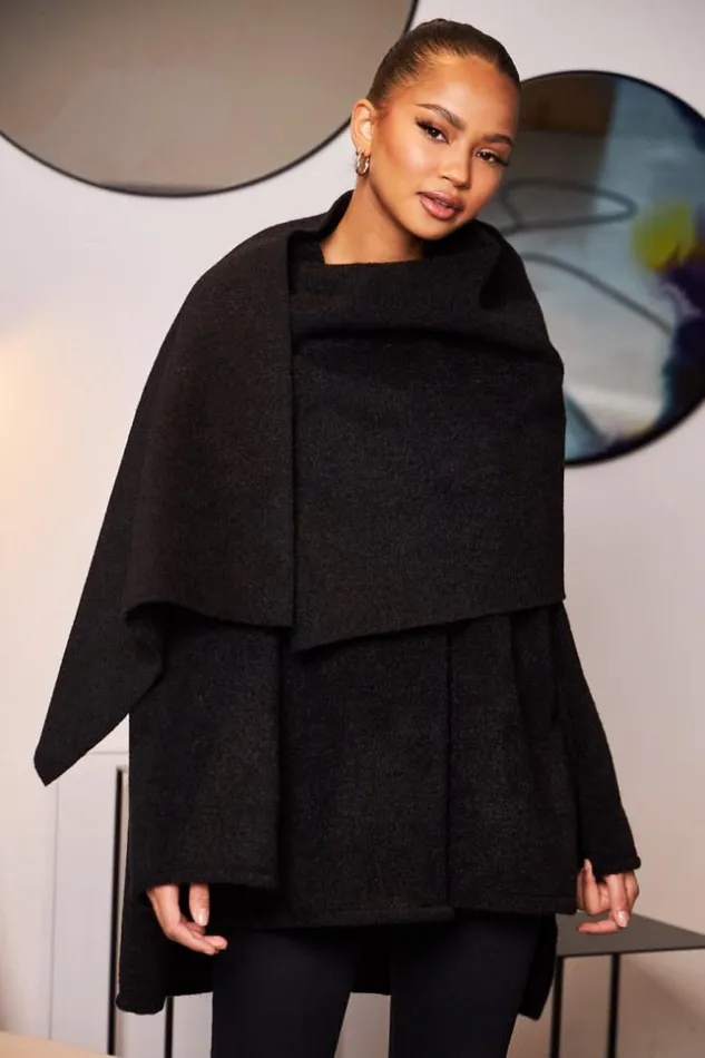 Women Veste Texture Noire Avec charpe Intgre Black Brentiny Paris Jackets