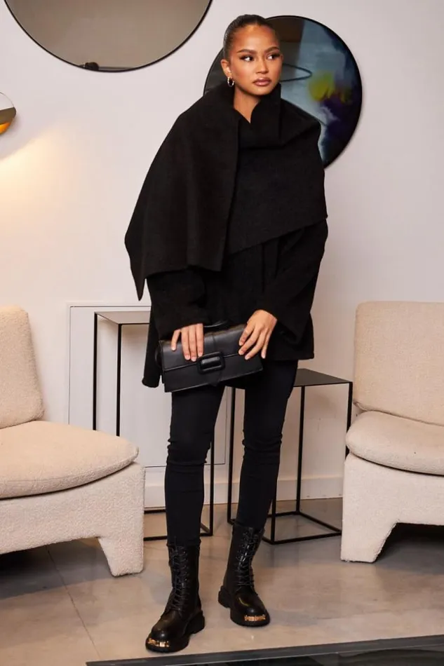 Women Veste Texture Noire Avec charpe Intgre Black Brentiny Paris Jackets