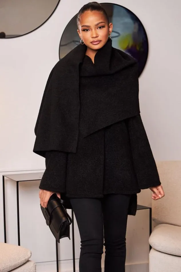 Women Veste Texture Noire Avec charpe Intgre Black Brentiny Paris Jackets
