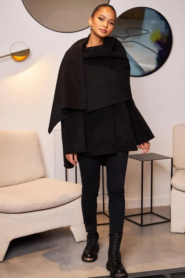 Women Veste Texture Noire Avec charpe Intgre Black Brentiny Paris Jackets