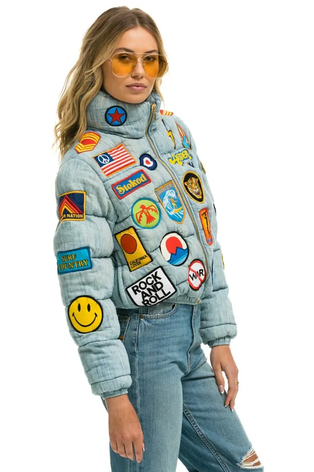 Women VINTAGE PATCH DENIM APRES PUFFER JACKET 8211 VINTAGE Aviator Nation Women VINTAGE PATCH DENIM APRES PUFFER JACKET 8211 VINTAGE Aviator Nation