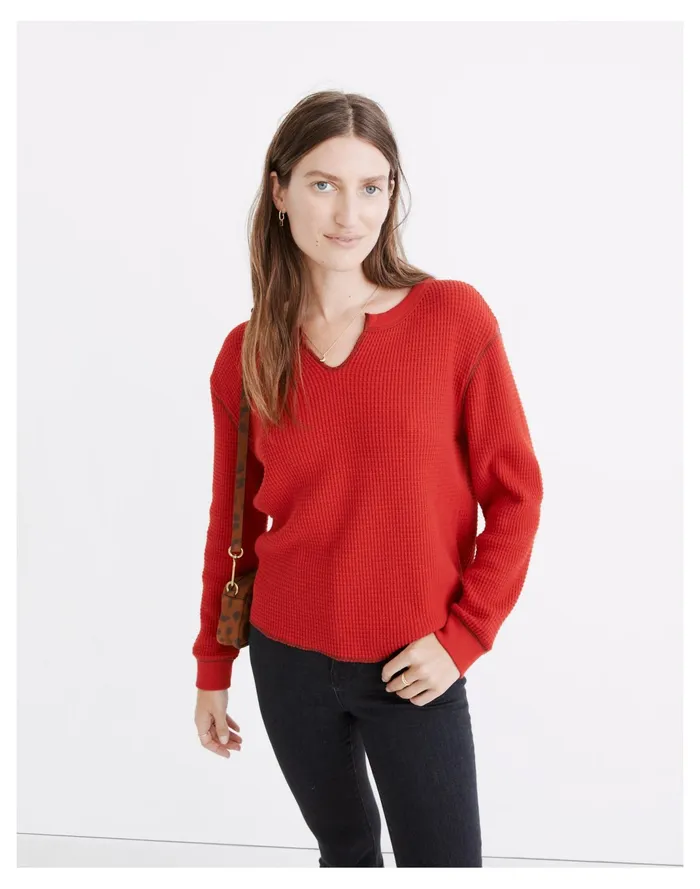 Women Waffle Split Neck Crop Tee Pomegranate Seed Madewell Tees