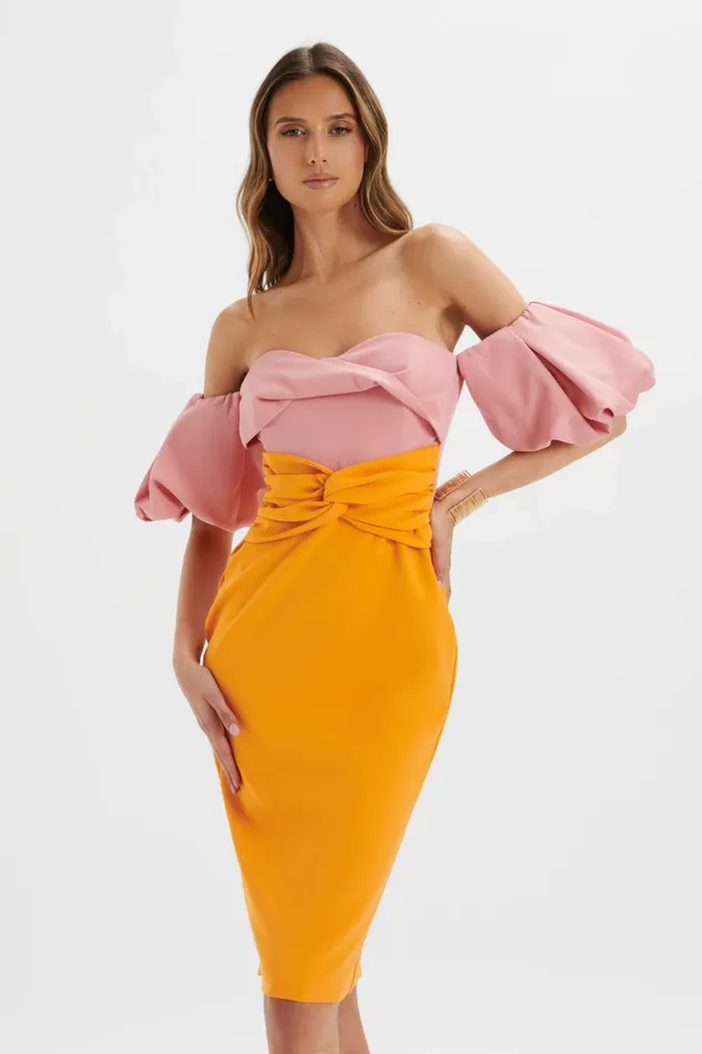 Women Wedding Guest Lavish Alice ELIZA Colour Block Twisted Midi Dress In Pink and Papaya K and Papaya