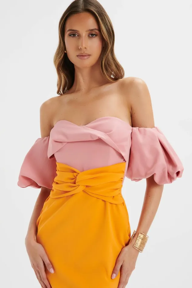 Women Wedding Guest Lavish Alice ELIZA Colour Block Twisted Midi Dress In Pink and Papaya K and Papaya