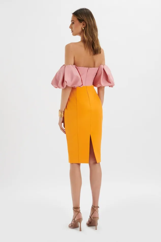 Women Wedding Guest Lavish Alice ELIZA Colour Block Twisted Midi Dress In Pink and Papaya K and Papaya