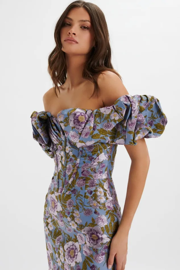 Women Wedding Guest Lavish Alice HARLOW Jacquard Corset Puff Sleeve Midi Dress In Blue Purple Blue Purple Women Wedding Guest Lavish Alice HARLOW Jacquard Corset Puff Sleeve Midi Dress In Blue Purple Blue Purple