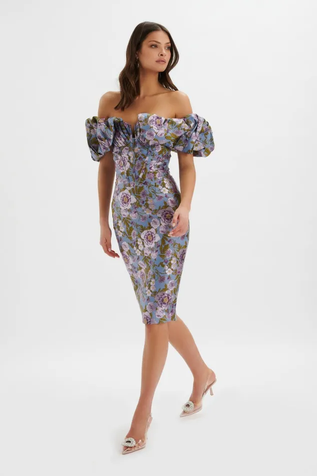 Women Wedding Guest Lavish Alice HARLOW Jacquard Corset Puff Sleeve Midi Dress In Blue Purple Blue Purple
