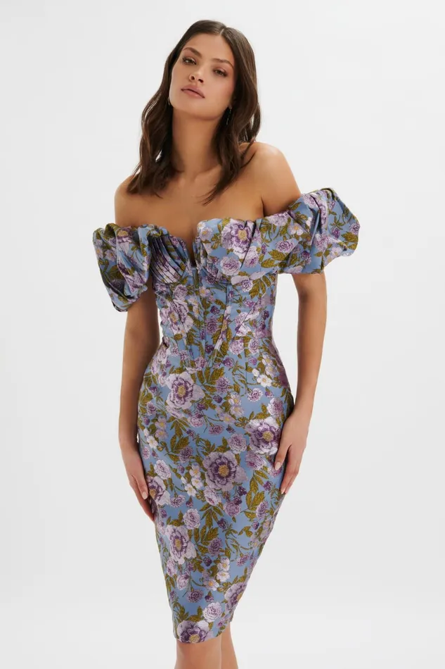 Women Wedding Guest Lavish Alice HARLOW Jacquard Corset Puff Sleeve Midi Dress In Blue Purple Blue Purple