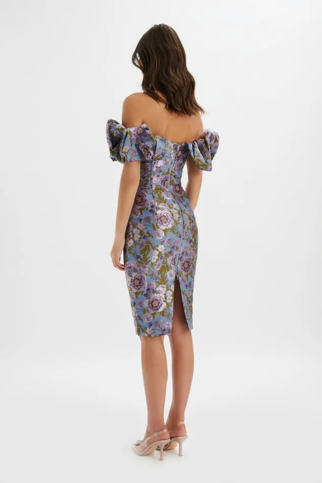 Women Wedding Guest Lavish Alice HARLOW Jacquard Corset Puff Sleeve Midi Dress In Blue Purple Blue Purple