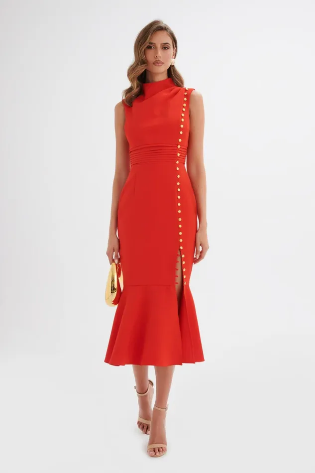 Women Wedding Guest Lavish Alice SAFFRON High Neck Rose Button Midi Dress In Red Red