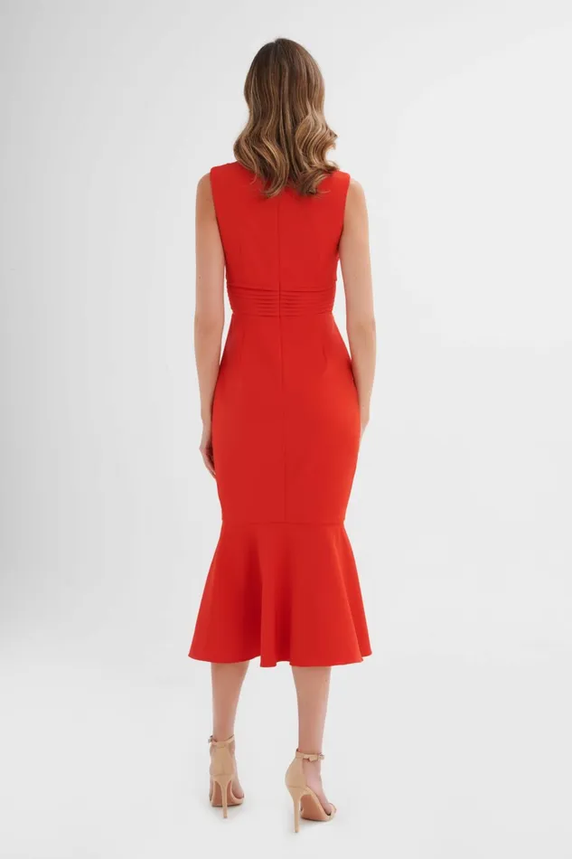 Women Wedding Guest Lavish Alice SAFFRON High Neck Rose Button Midi Dress In Red Red