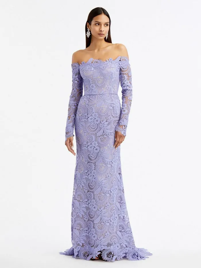 Women Wedding Guest Oscar De La Renta Corded Scroll Guipure Off Shoulder Gown Wisteria
