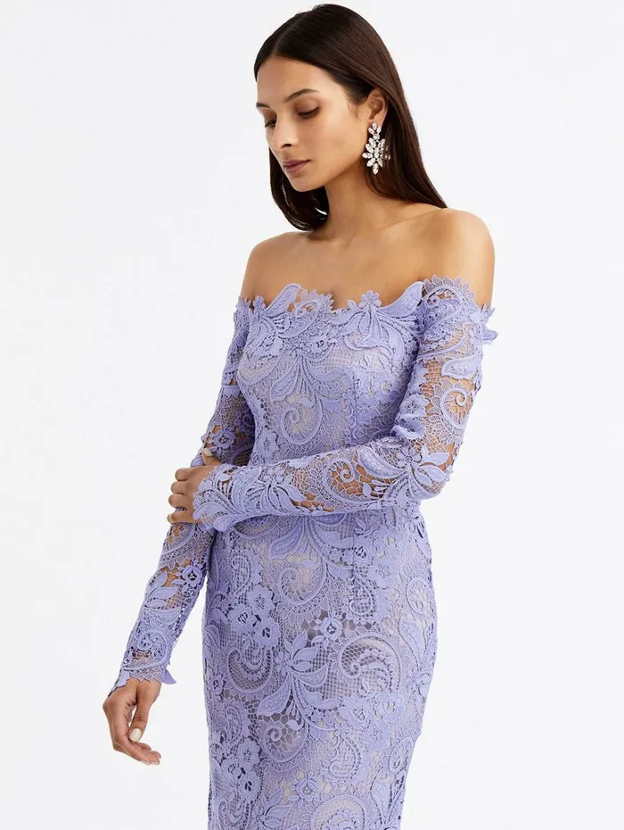 Women Wedding Guest Oscar De La Renta Corded Scroll Guipure Off Shoulder Gown Wisteria Women Wedding Guest Oscar De La Renta Corded Scroll Guipure Off Shoulder Gown Wisteria