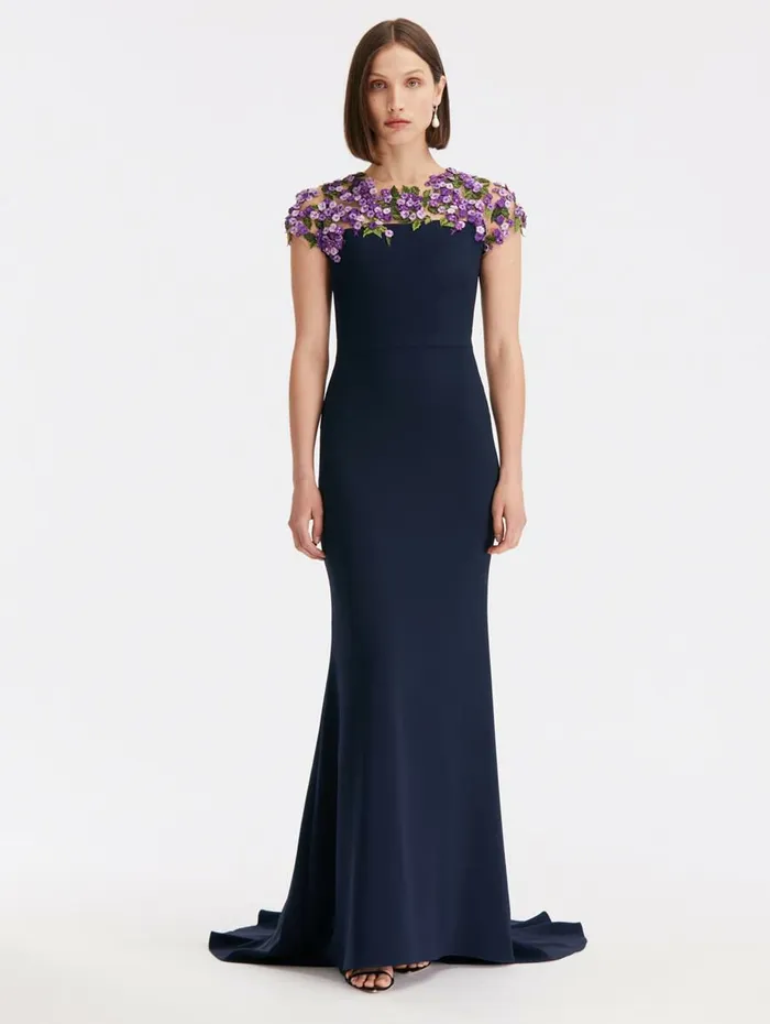 Women Wedding Guest Oscar De La Renta Illusion Lilac Embroidered Georgette Gown Navy