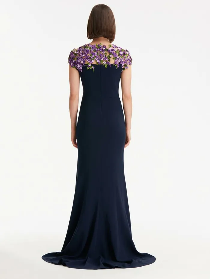 Women Wedding Guest Oscar De La Renta Illusion Lilac Embroidered Georgette Gown Navy Women Wedding Guest Oscar De La Renta Illusion Lilac Embroidered Georgette Gown Navy