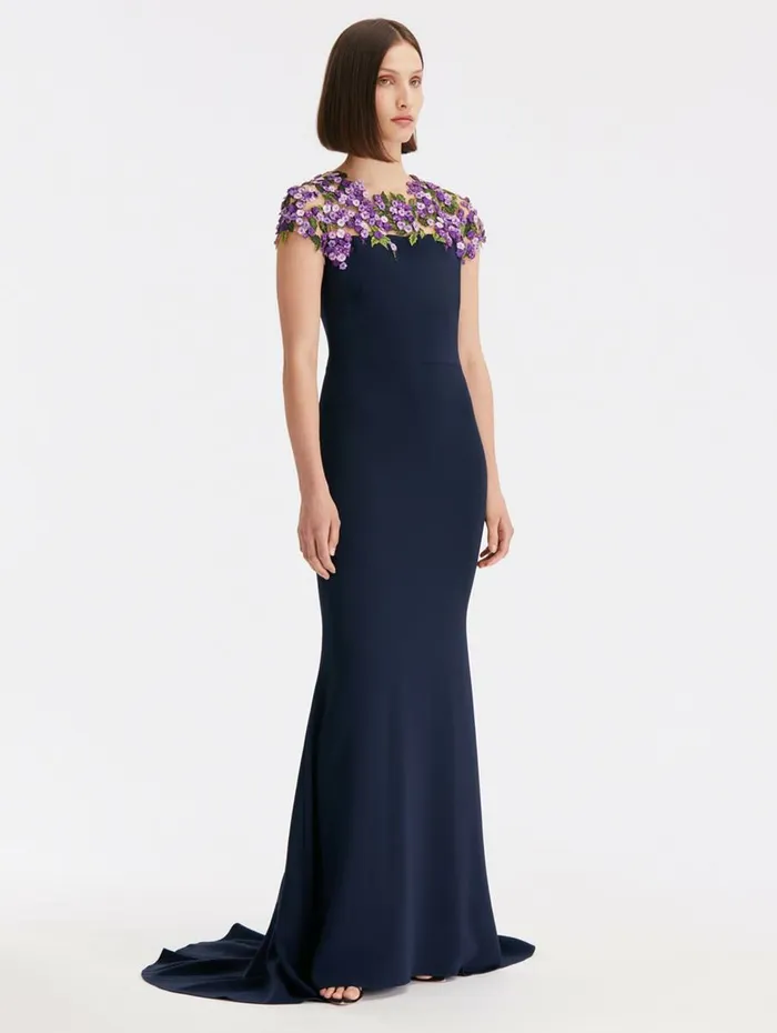 Women Wedding Guest Oscar De La Renta Illusion Lilac Embroidered Georgette Gown Navy Women Wedding Guest Oscar De La Renta Illusion Lilac Embroidered Georgette Gown Navy