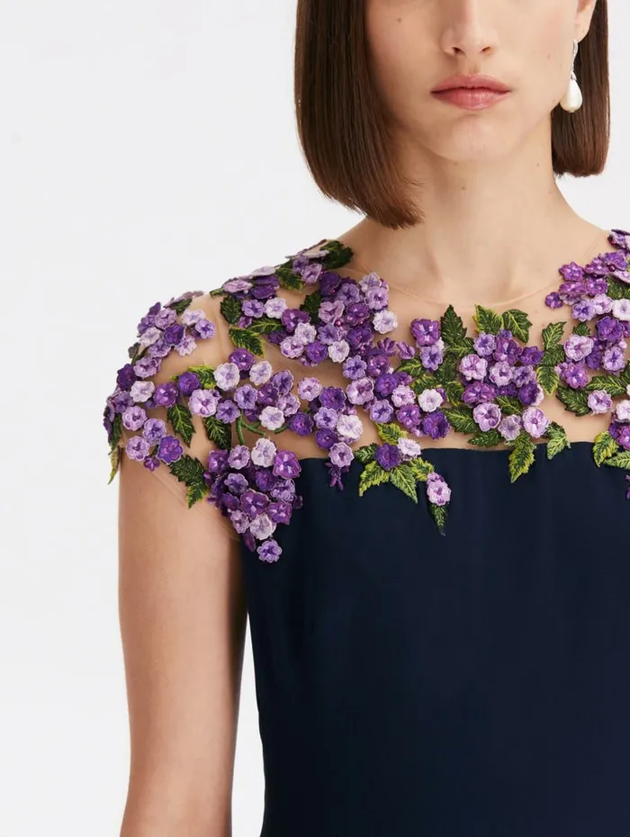 Women Wedding Guest Oscar De La Renta Illusion Lilac Embroidered Georgette Gown Navy Women Wedding Guest Oscar De La Renta Illusion Lilac Embroidered Georgette Gown Navy