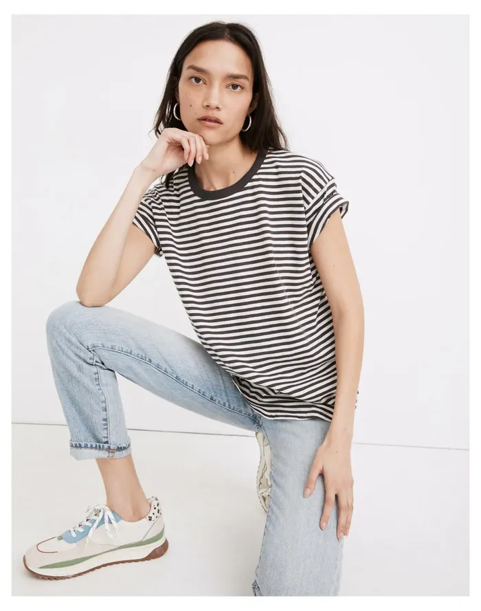 Women Whisper Cotton Rib Crewneck Tee In Damien Stripe Coal Madewell Tees