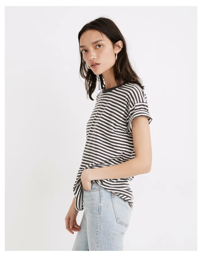 Women Whisper Cotton Rib Crewneck Tee In Damien Stripe Coal Madewell Tees Women Whisper Cotton Rib Crewneck Tee In Damien Stripe Coal Madewell Tees