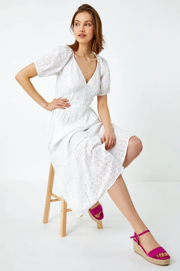 Women White Broderie Puff Sleeve Cotton Midi Dress Roman Dresses