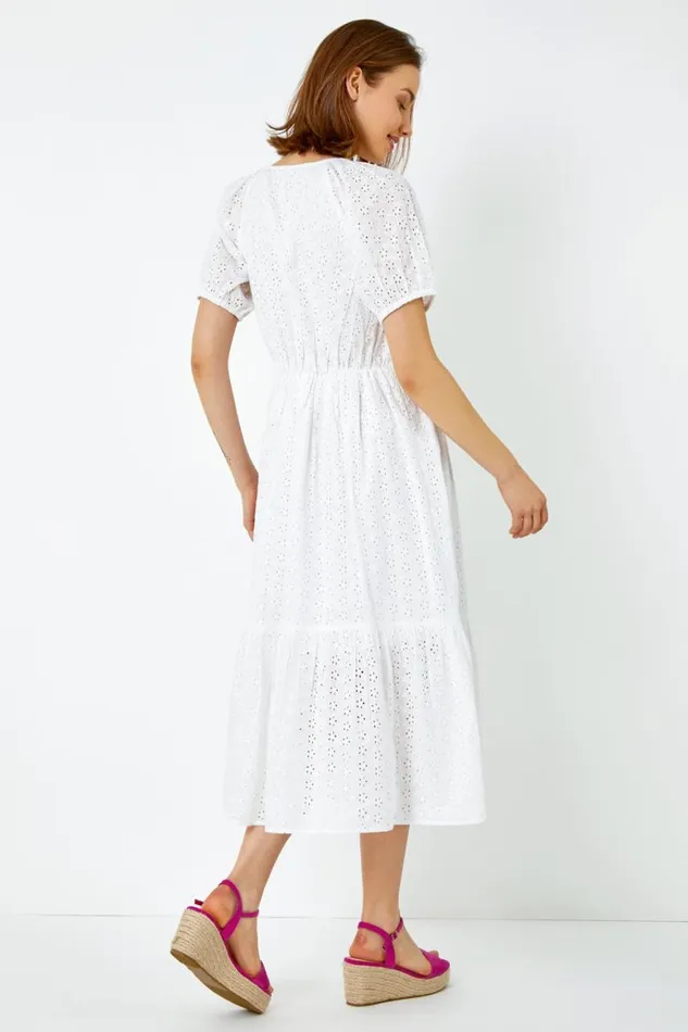 Women White Broderie Puff Sleeve Cotton Midi Dress Roman Dresses