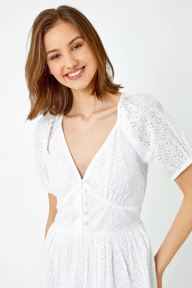 Women White Broderie Puff Sleeve Cotton Midi Dress Roman Dresses
