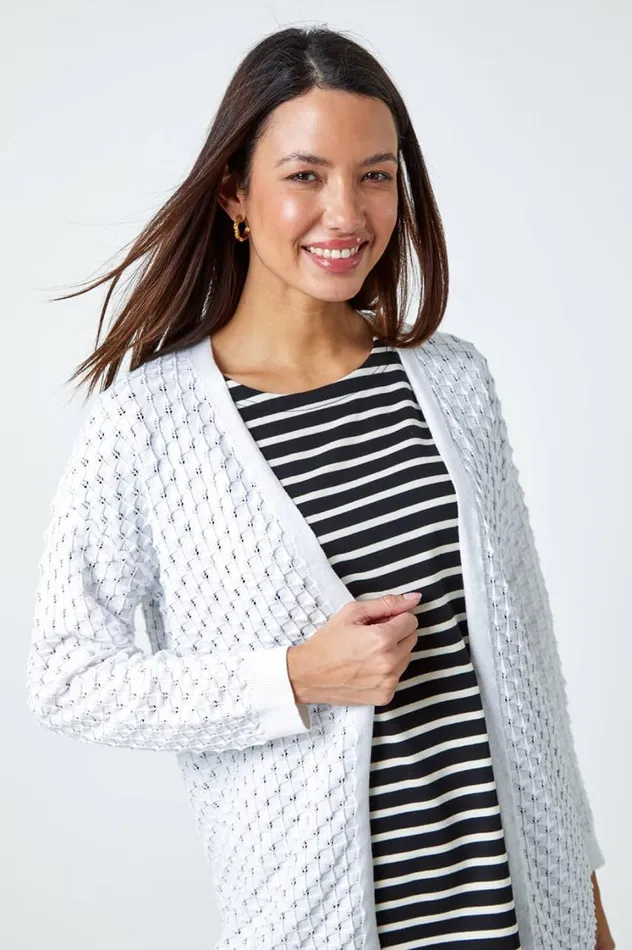 Women White Cotton Blend Waffle Knit Cardigan Roman Knitwear