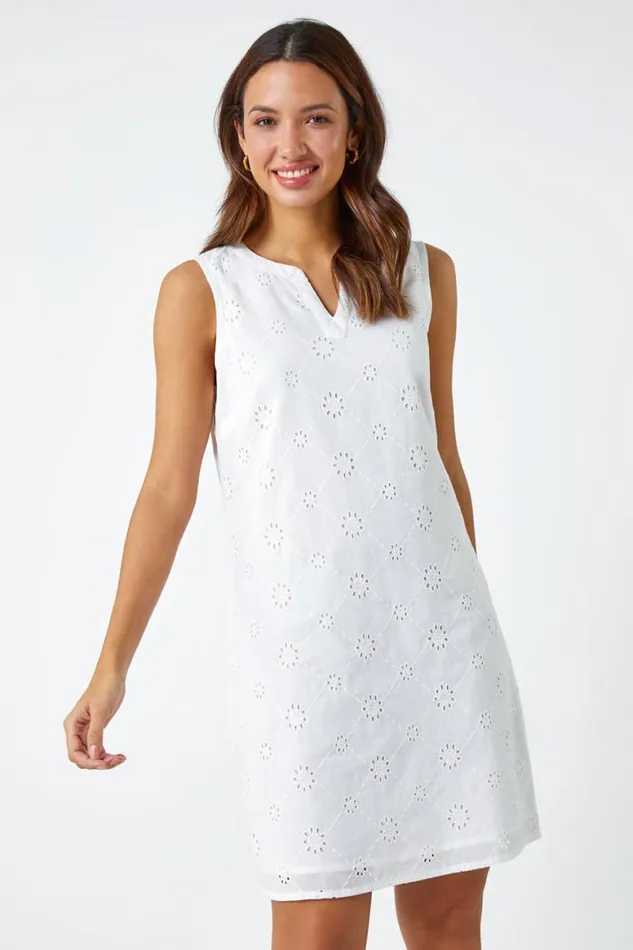 Women White Embroidered Cotton Shift Dress Roman Dresses