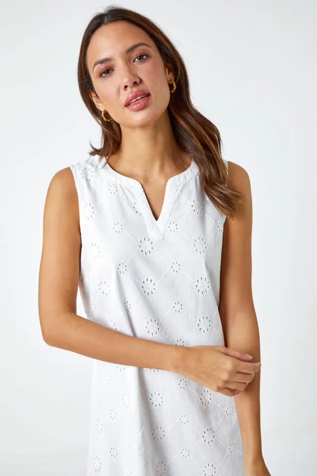 Women White Embroidered Cotton Shift Dress Roman Dresses