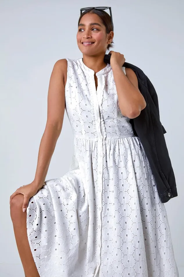 Women White Floral Cotton Broderie Midi Dress Roman Dresses