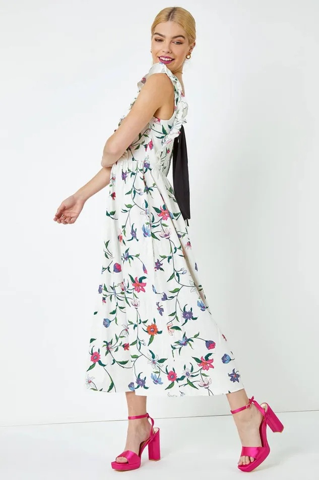 Women White Floral Print Frill Detail Maxi Dress Roman Dresses