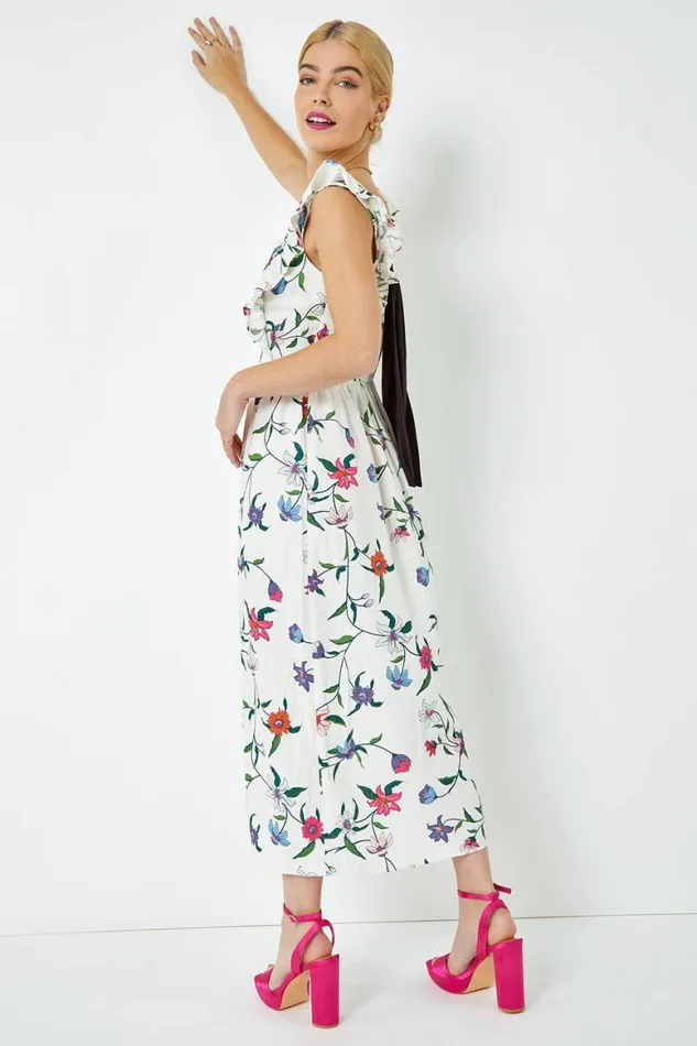 Women White Floral Print Frill Detail Maxi Dress Roman Dresses