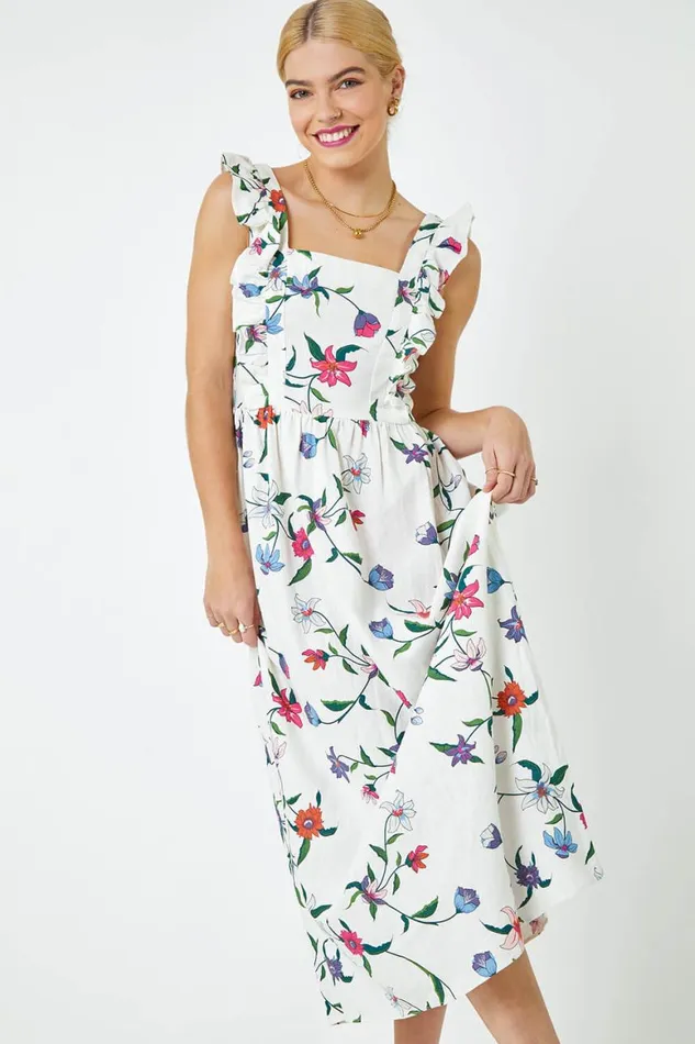 Women White Floral Print Frill Detail Maxi Dress Roman Dresses