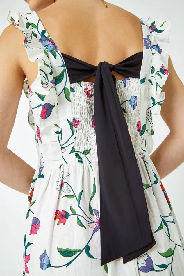 Women White Floral Print Frill Detail Maxi Dress Roman Dresses