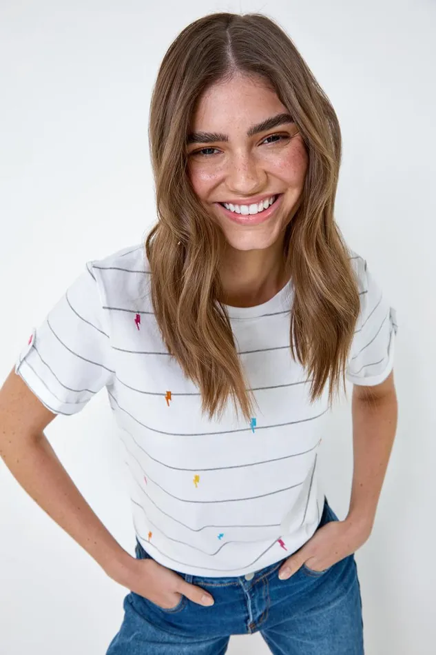 Women White Lightning Embroidery Stripe Stretch TShirt Roman Tops
