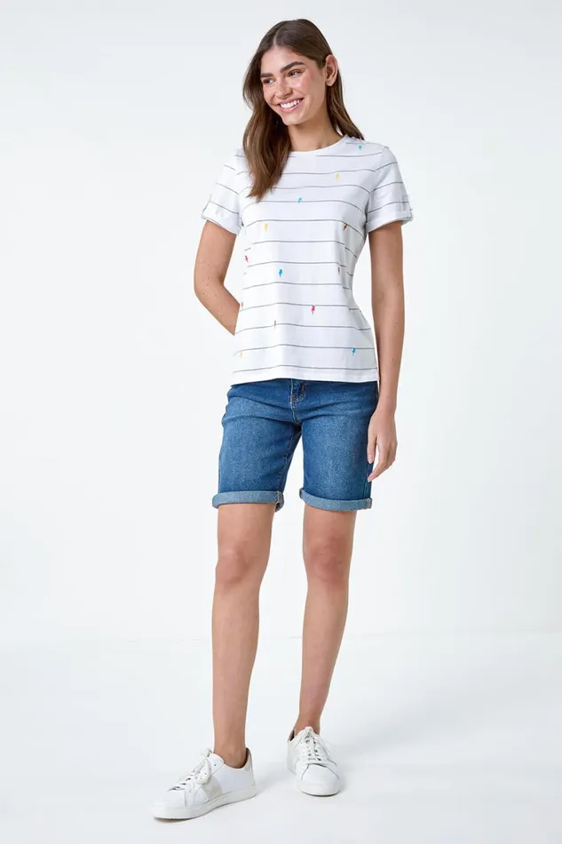 Women White Lightning Embroidery Stripe Stretch TShirt Roman Tops