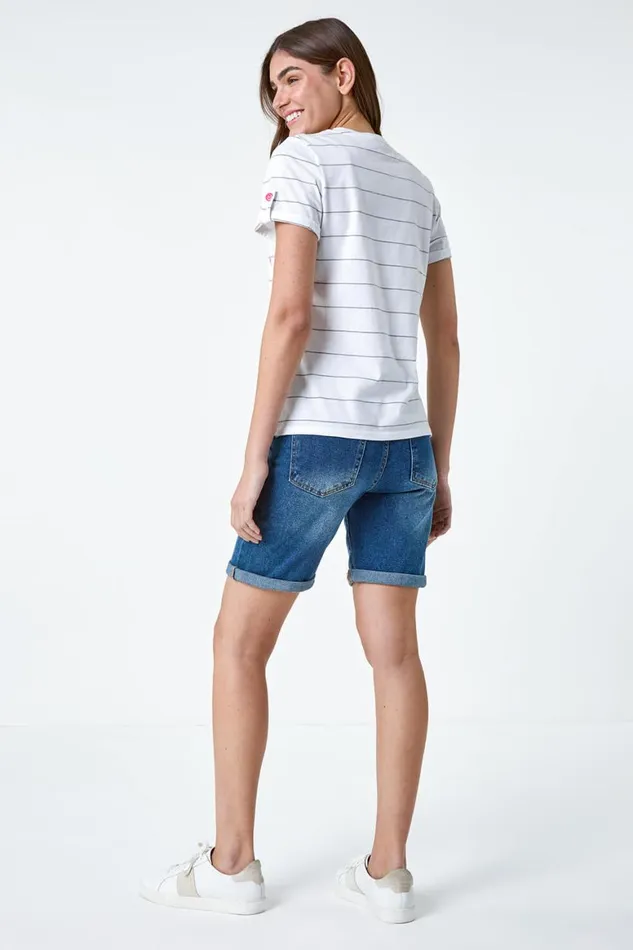 Women White Lightning Embroidery Stripe Stretch TShirt Roman Tops