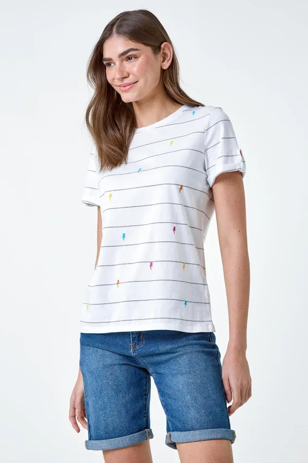 Women White Lightning Embroidery Stripe Stretch TShirt Roman Tops