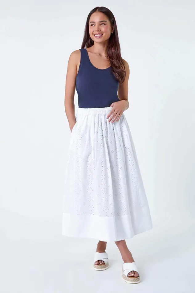 Women White Petite Cotton Broderie A Line Midi Skirt Roman Skirts