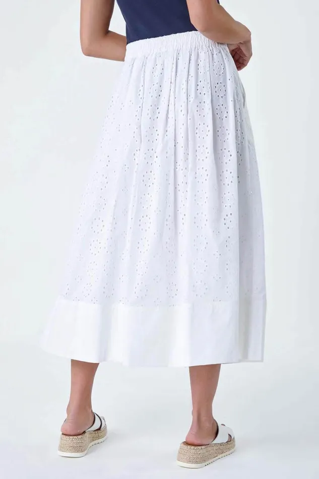 Women White Petite Cotton Broderie A Line Midi Skirt Roman Skirts