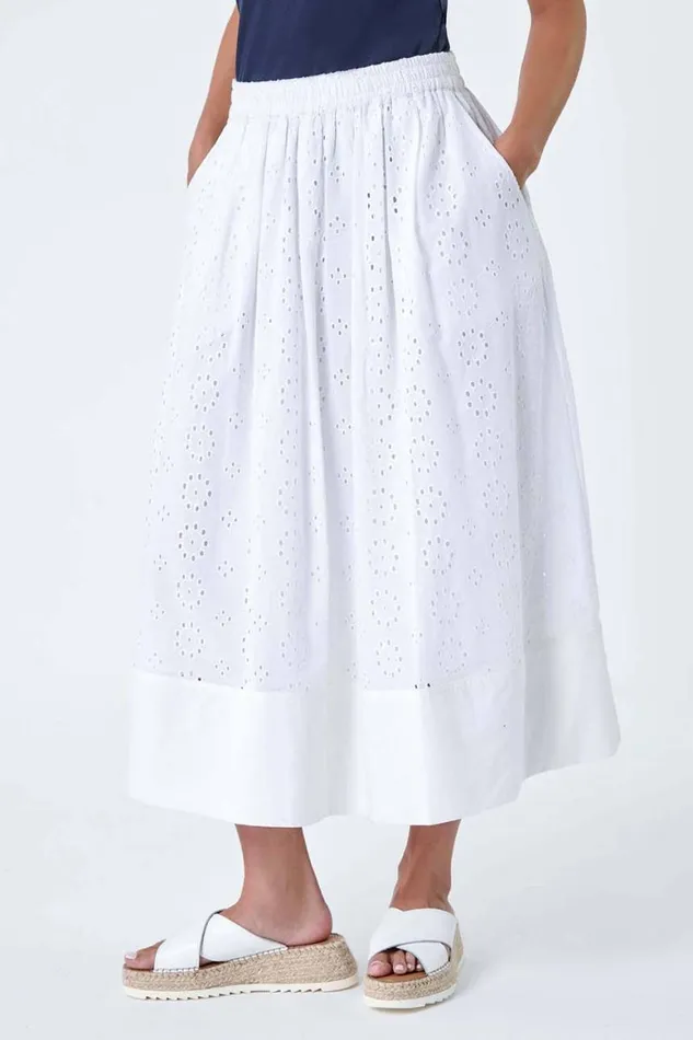 Women White Petite Cotton Broderie A Line Midi Skirt Roman Skirts