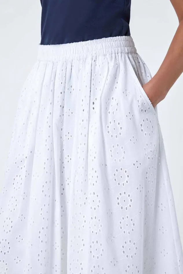 Women White Petite Cotton Broderie A Line Midi Skirt Roman Skirts