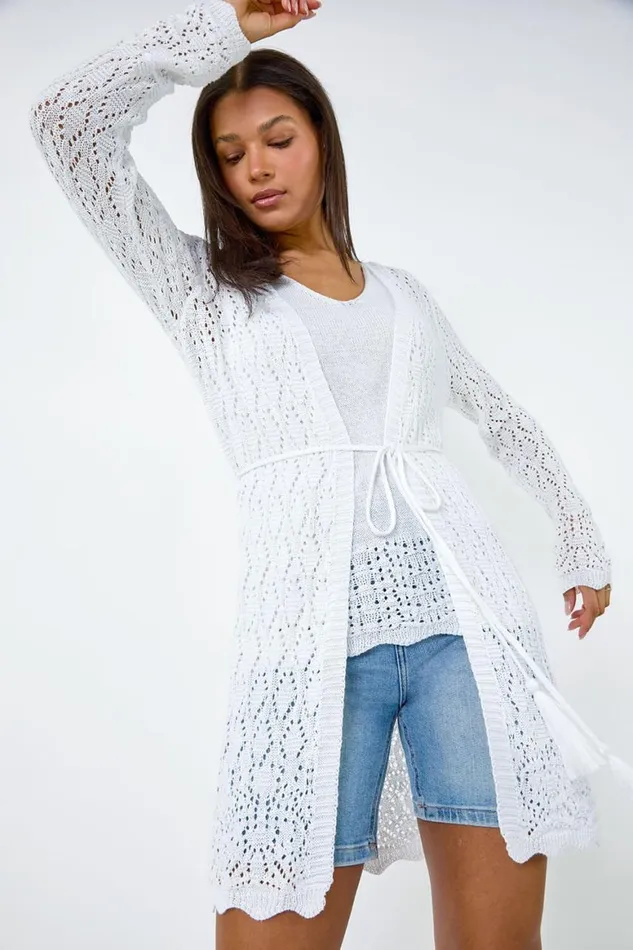 Women White Pointelle Knit Longline Tie Detail Cardigan Roman Knitwear