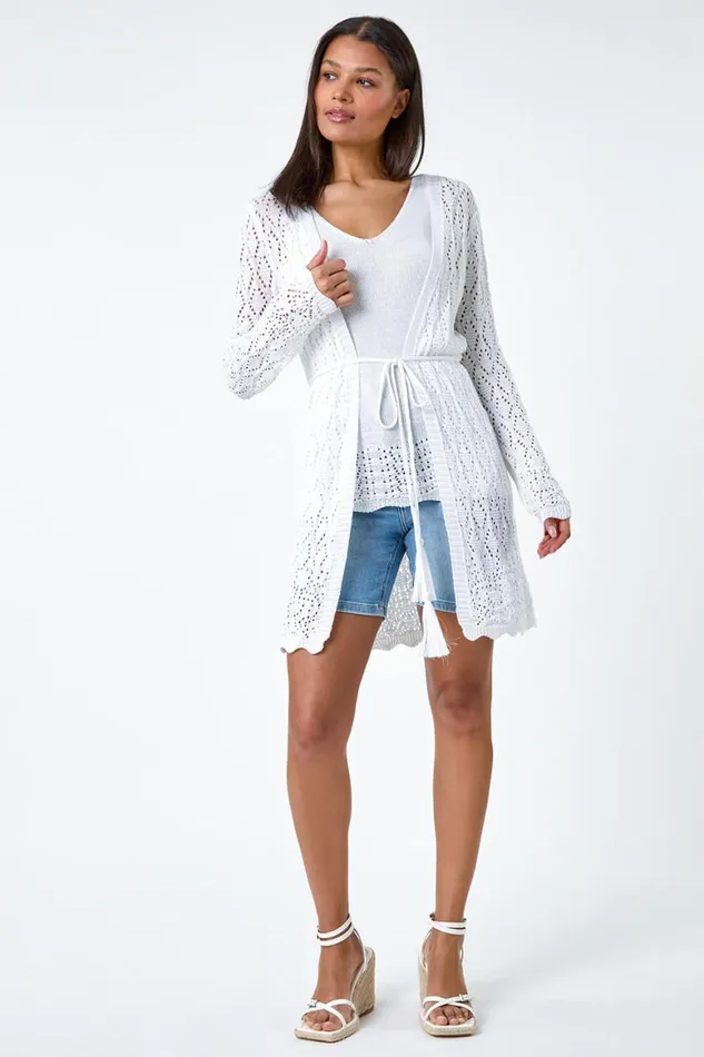 Women White Pointelle Knit Longline Tie Detail Cardigan Roman Knitwear