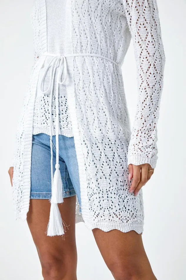 Women White Pointelle Knit Longline Tie Detail Cardigan Roman Knitwear