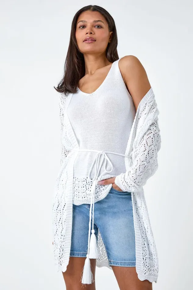 Women White Pointelle VNeck Knitted Vest Top Roman Tops